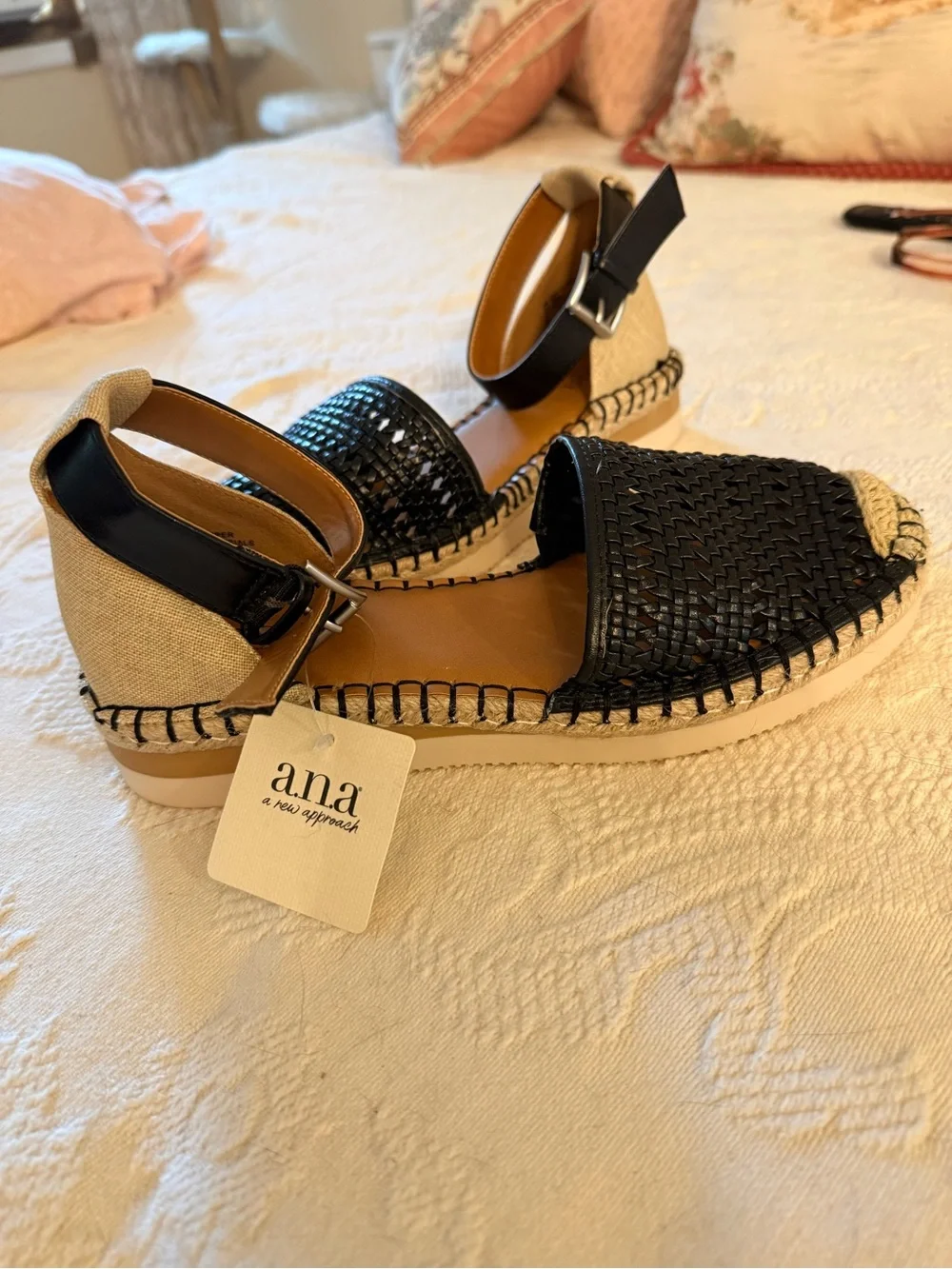ana Black Woven Espadrille Flats with Ankle Strap